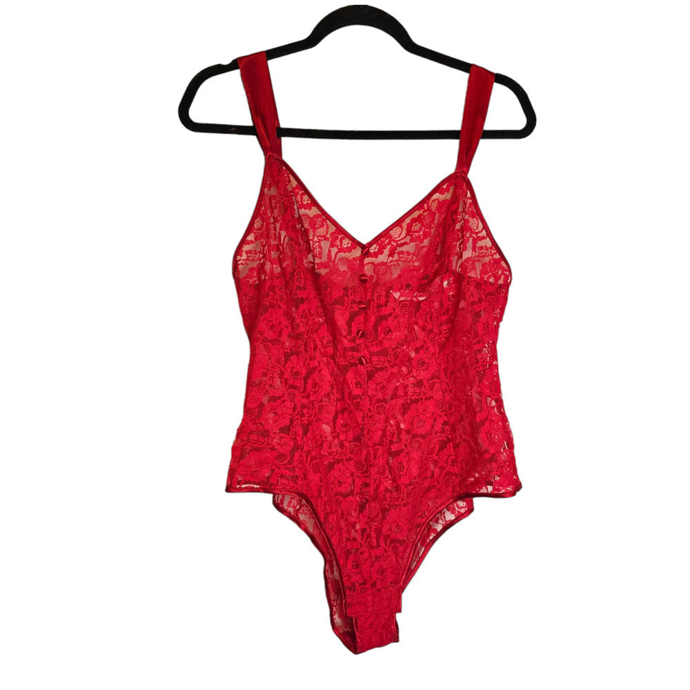 Vintage 90s Victorias Secret Heart Label Teddy Large High Cut Red Lace Bodysuit